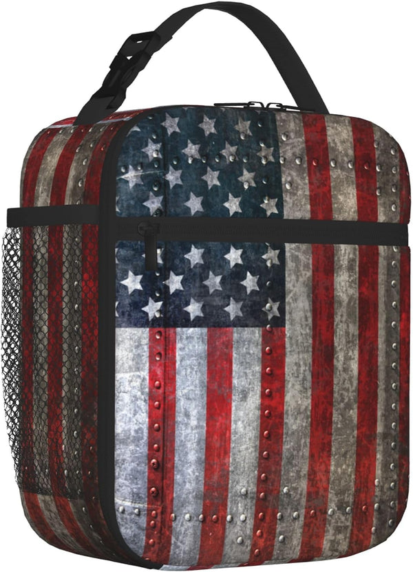 Reusable Insulated Cooler Lunch Bags for Men Women, 3D Print Lunch Pail Bag, Leakproof Large Tote Lunch Box Snack Bag with Storage Pocket (Steel American Flag, One Size)